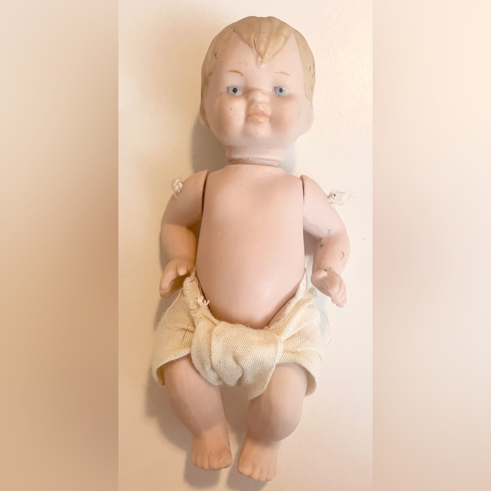 Vintage Bisque Baby Doll 5" String Jointed Head Limbs Japan Blonde Blue Eyes